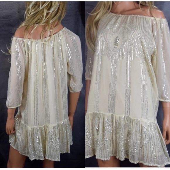 ANTHROPOLOGIE CAROLINE K BEADED SANDS SEQUIN SHORT SWING DRESS - Picture 5 of 12